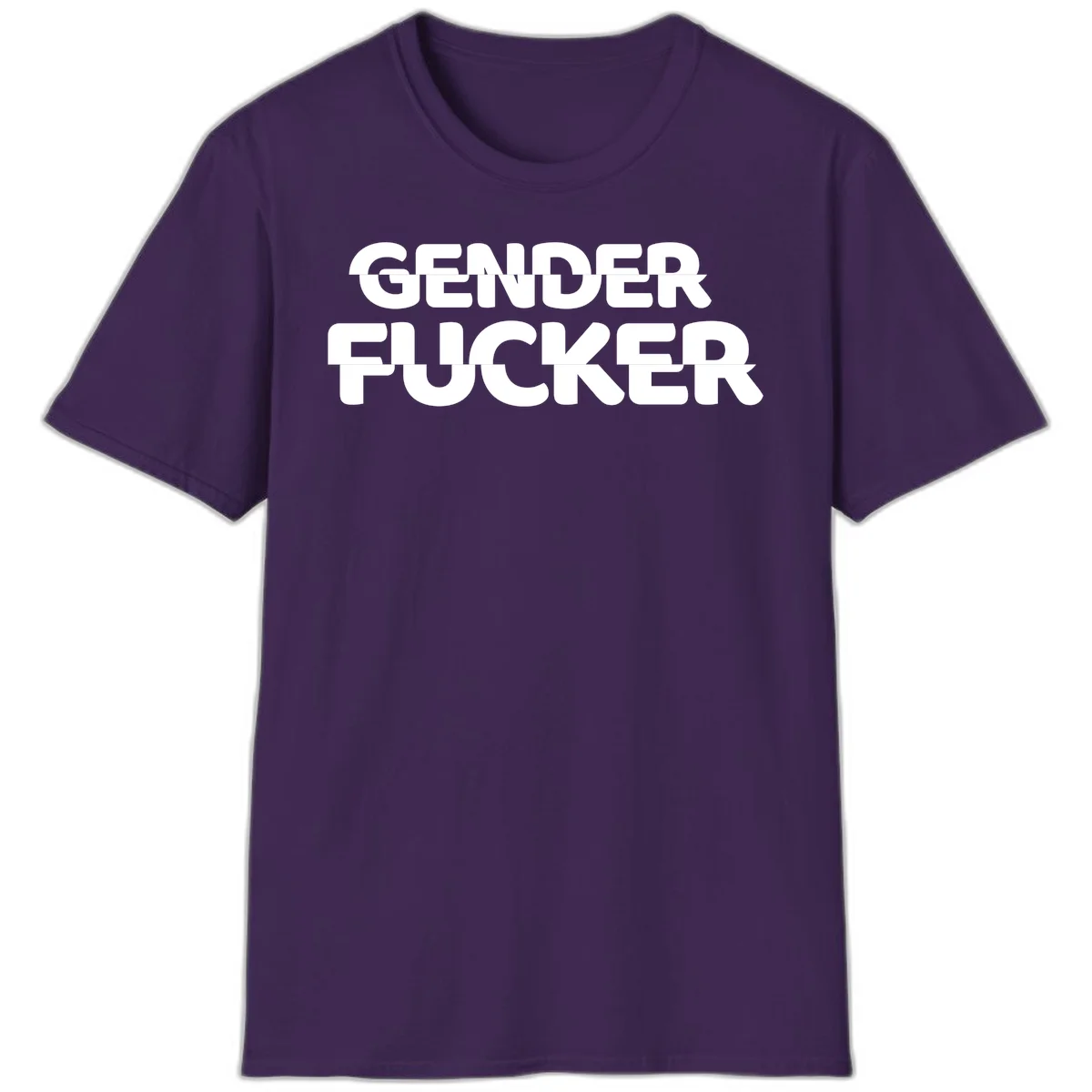 Bold white sans-serif text reading 'GENDER FUCKER' on gray background, gender-fucker-statement design in Purple