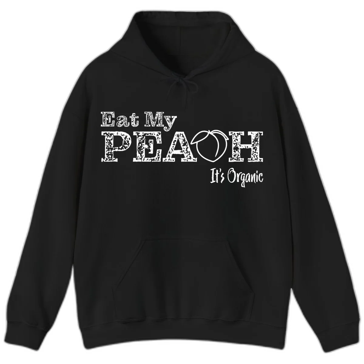Distressed white text reading 'Eat My Peach It's Organic' with a peach illustration on gray background in Black