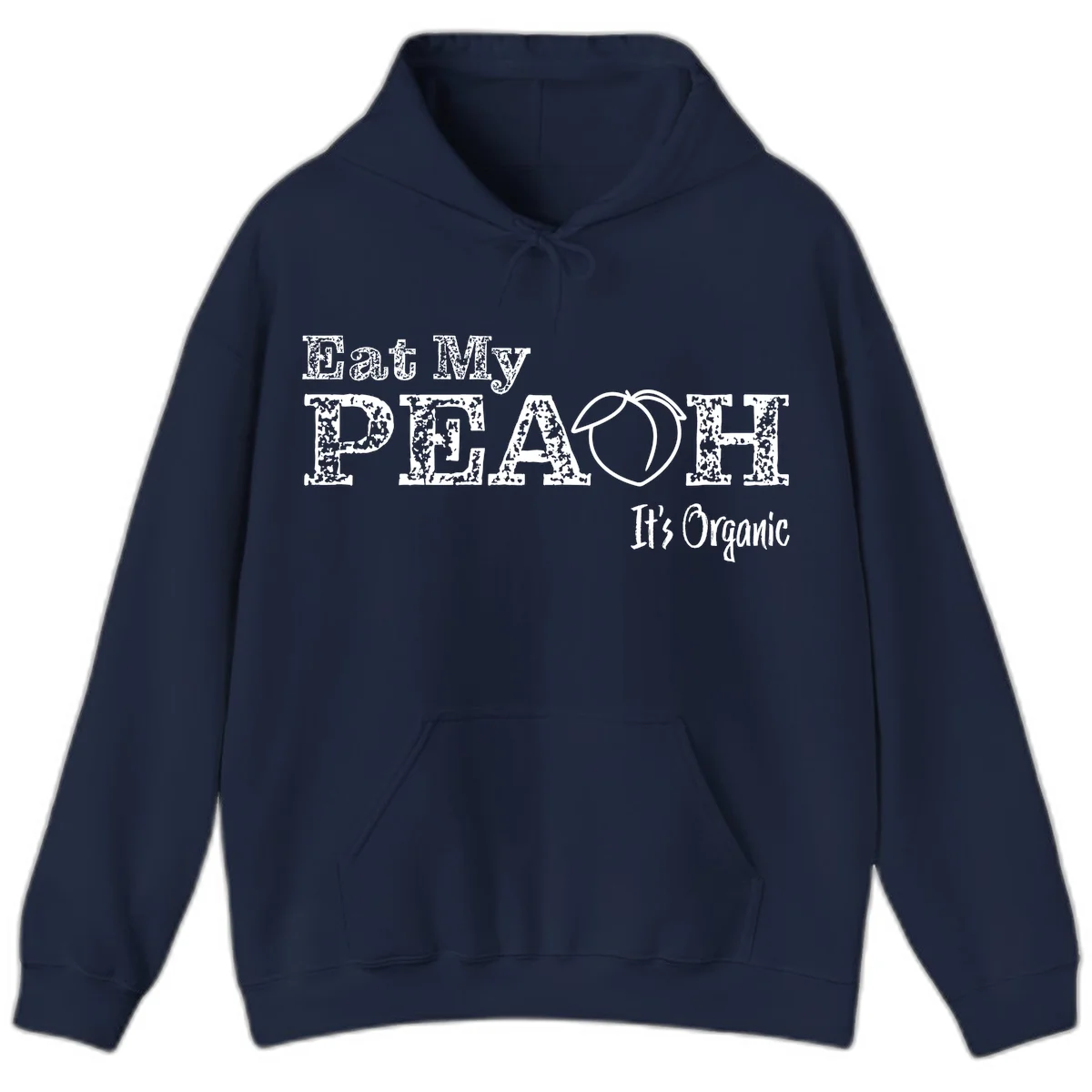 Distressed white text reading 'Eat My Peach It's Organic' with a peach illustration on gray background in Navy