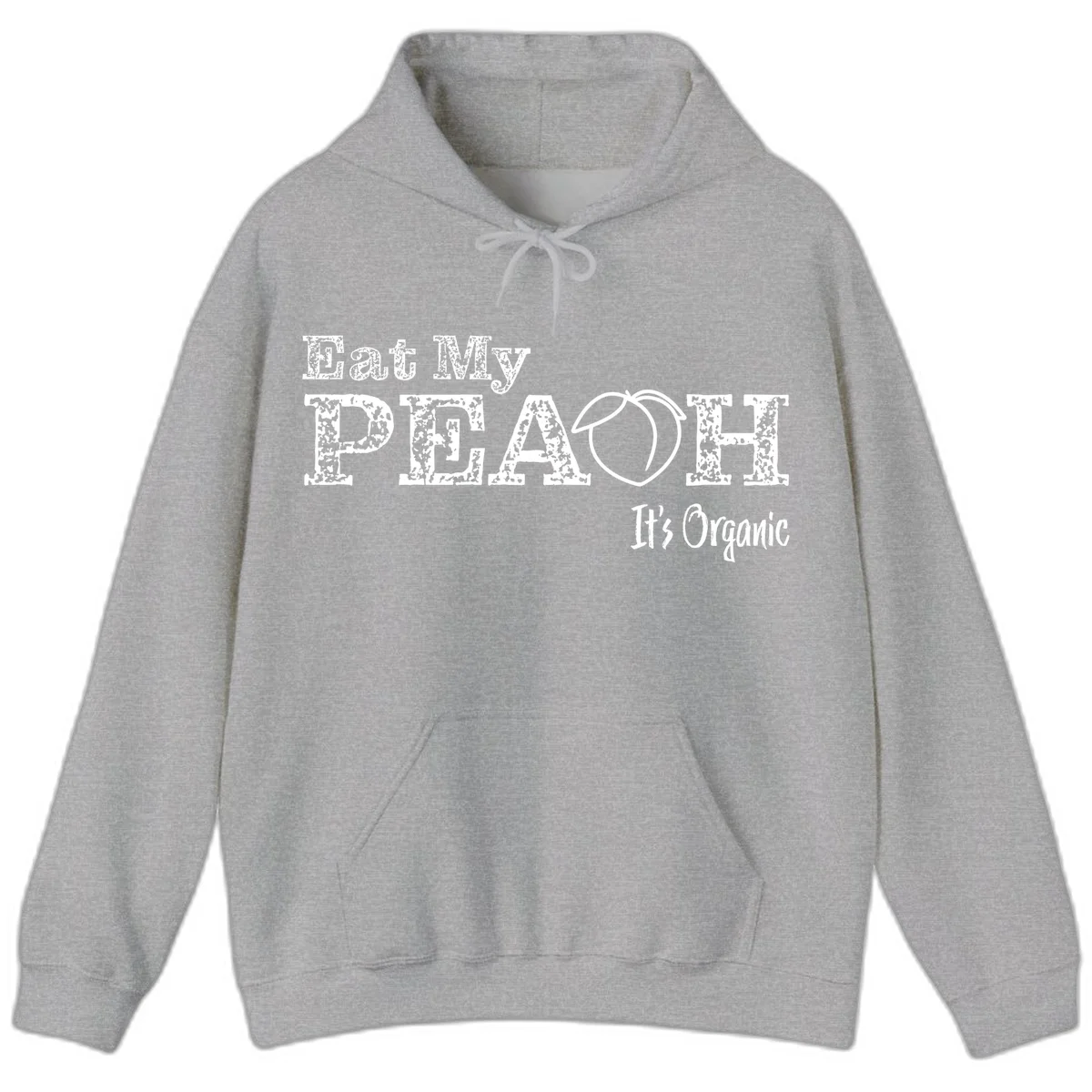 Distressed white text reading 'Eat My Peach It's Organic' with a peach illustration on gray background in Sport Grey