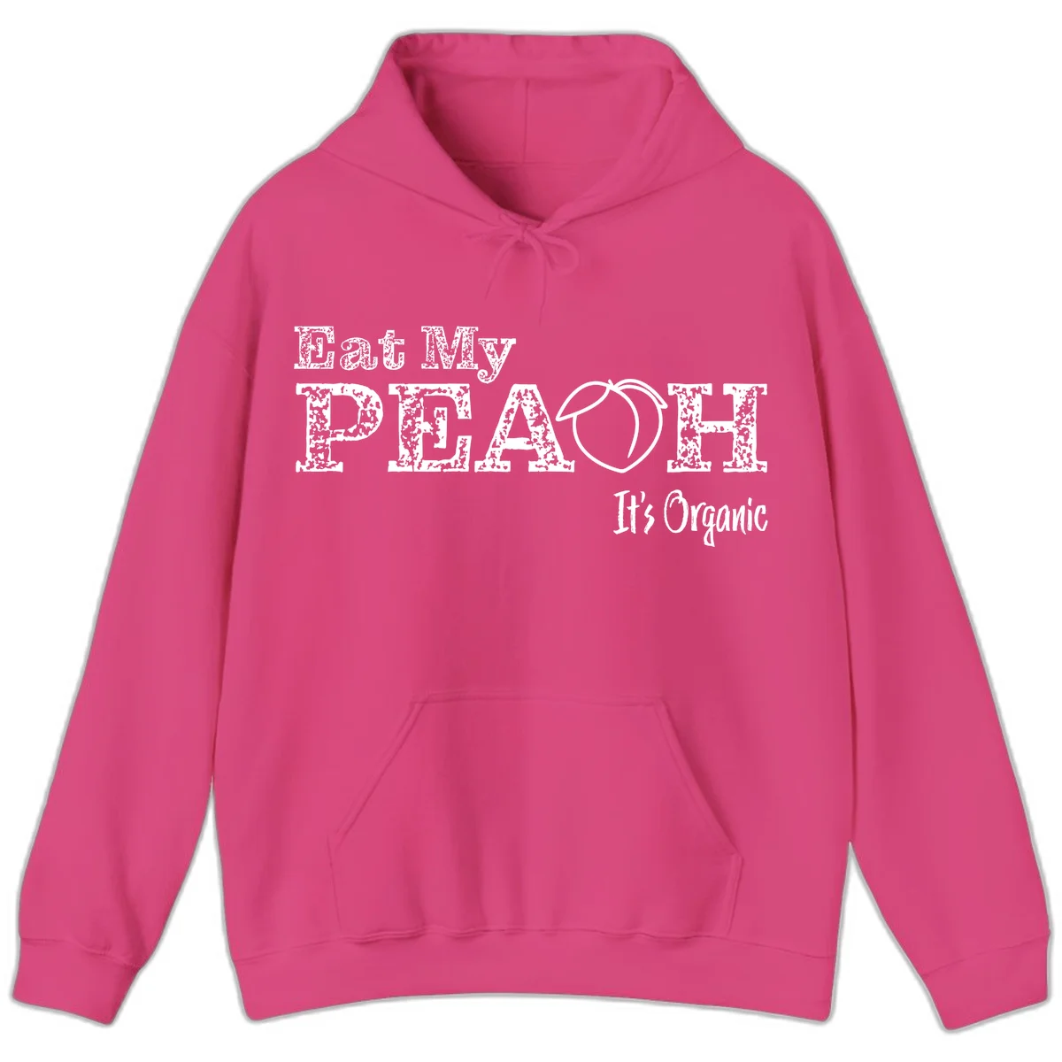 Distressed white text reading 'Eat My Peach It's Organic' with a peach illustration on gray background in Heliconia