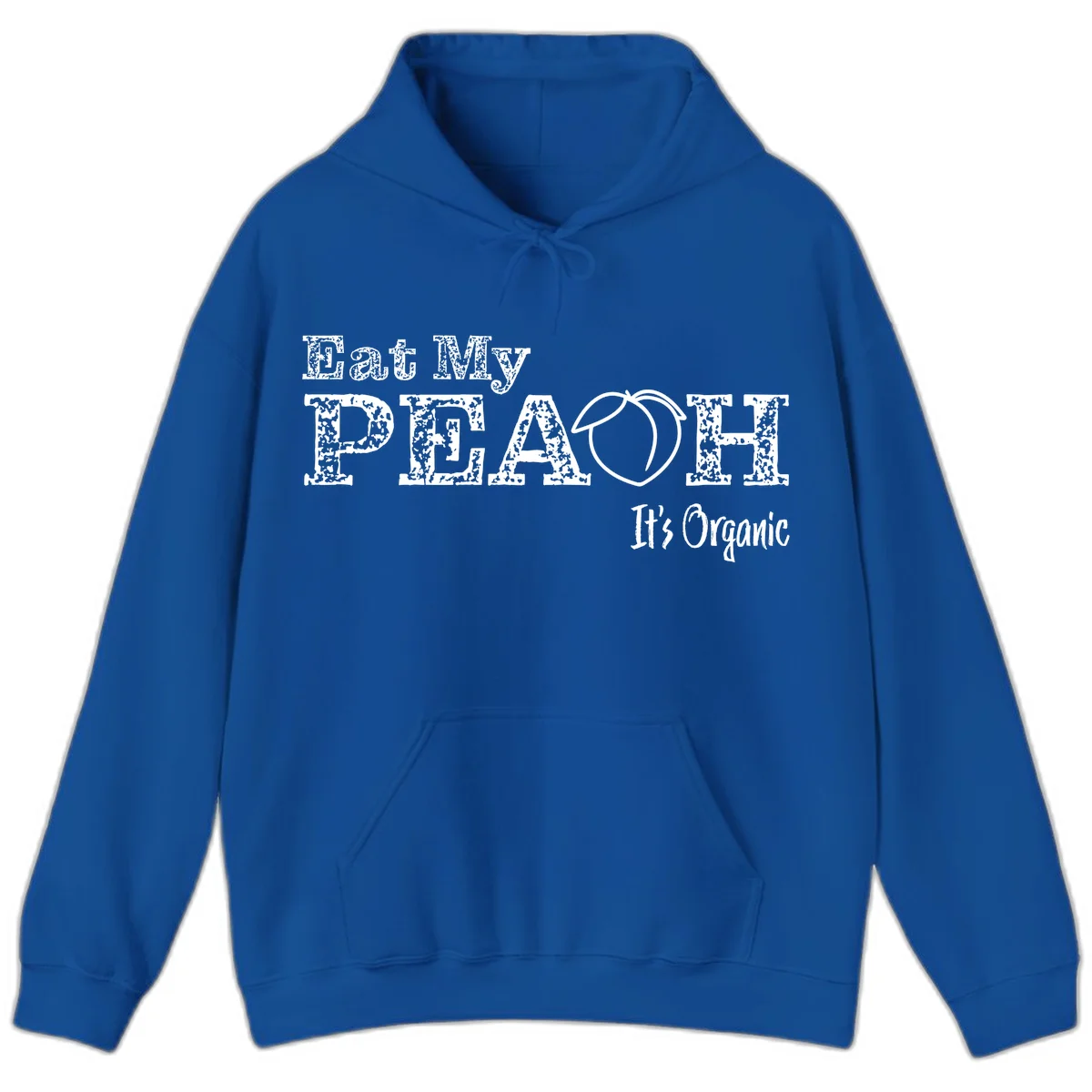 Distressed white text reading 'Eat My Peach It's Organic' with a peach illustration on gray background in Royal