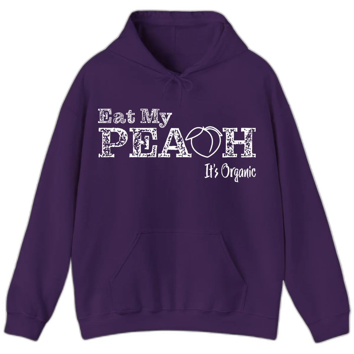 Distressed white text reading 'Eat My Peach It's Organic' with a peach illustration on gray background in Purple