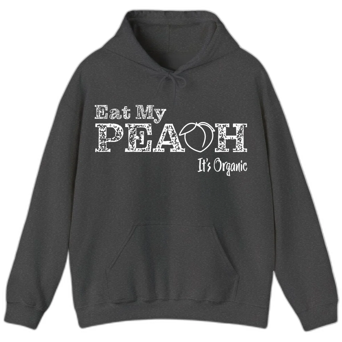 Distressed white text reading 'Eat My Peach It's Organic' with a peach illustration on gray background in Dark Heather