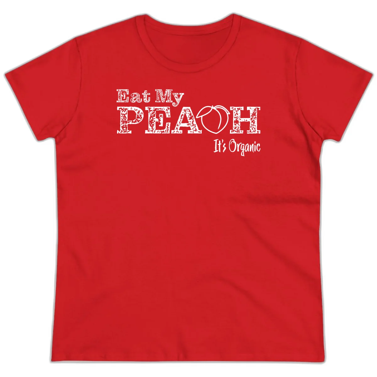 Distressed white text reading 'Eat My Peach It's Organic' with a peach illustration on gray background in Red