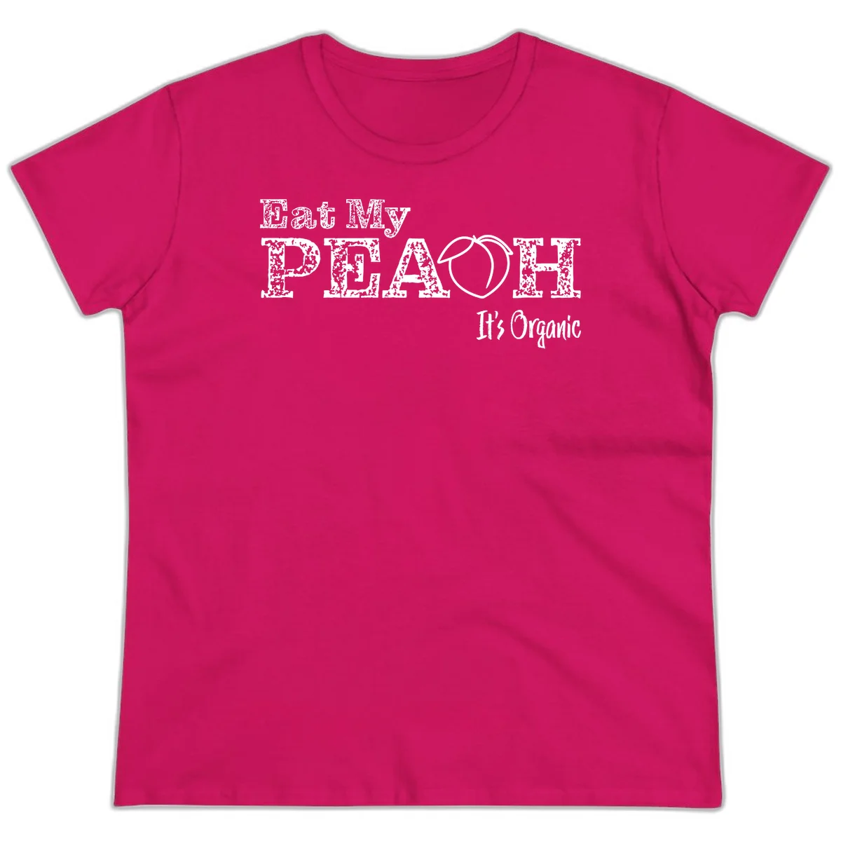 Distressed white text reading 'Eat My Peach It's Organic' with a peach illustration on gray background in Heliconia