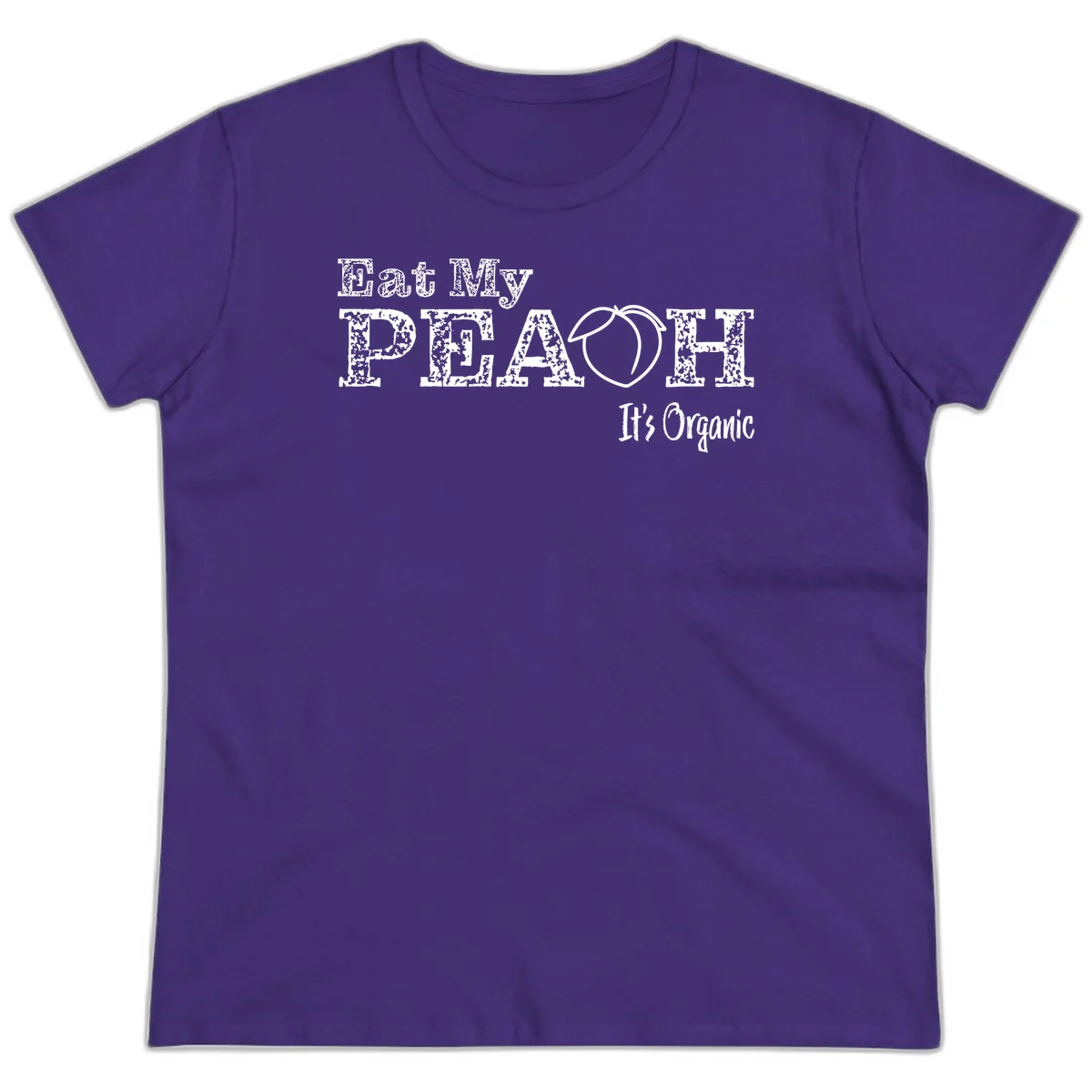 Distressed white text reading 'Eat My Peach It's Organic' with a peach illustration on gray background in Purple