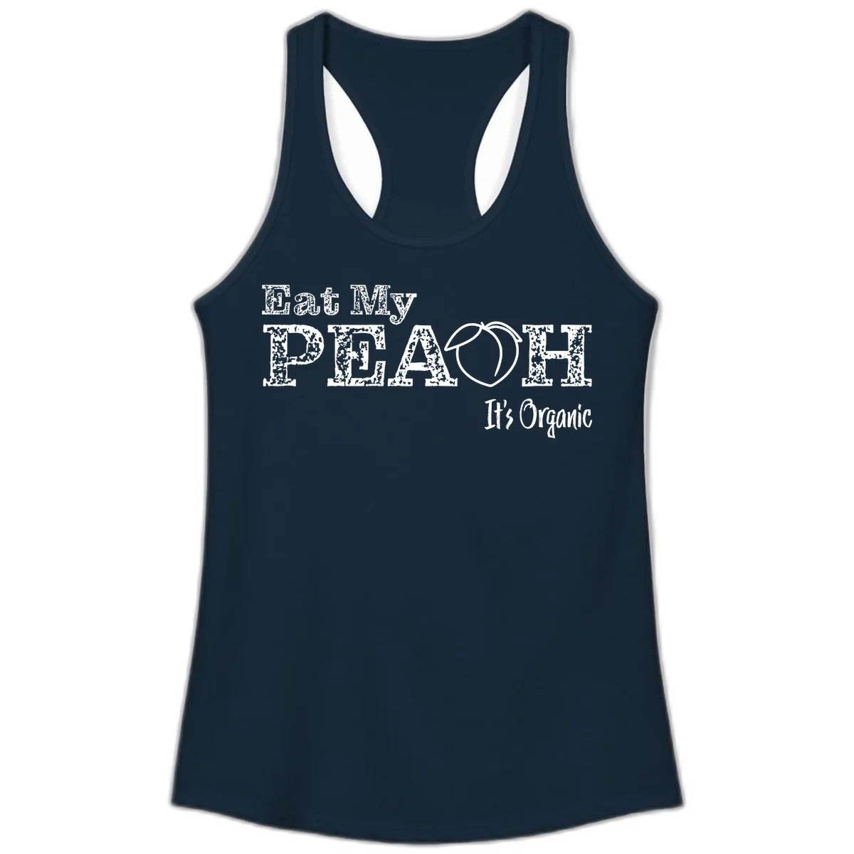 Distressed white text reading 'Eat My Peach It's Organic' with a peach illustration on gray background in Solid Midnight Navy