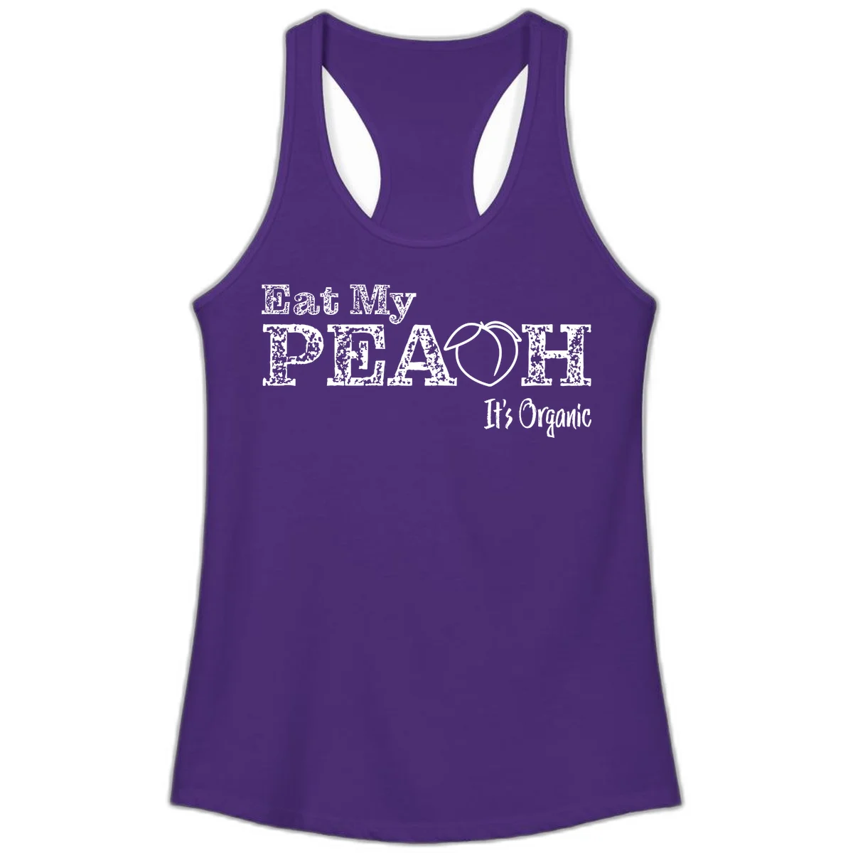 Distressed white text reading 'Eat My Peach It's Organic' with a peach illustration on gray background in Solid Purple Rush