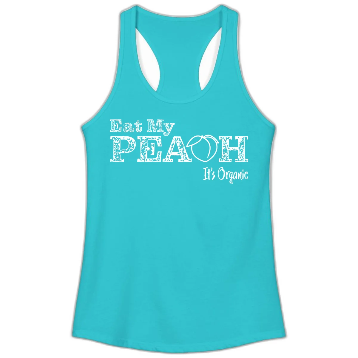 Distressed white text reading 'Eat My Peach It's Organic' with a peach illustration on gray background in Solid Tahiti Blue