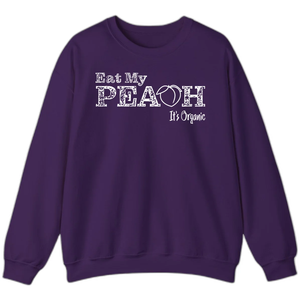 Distressed white text reading 'Eat My Peach It's Organic' with a peach illustration on gray background in Purple