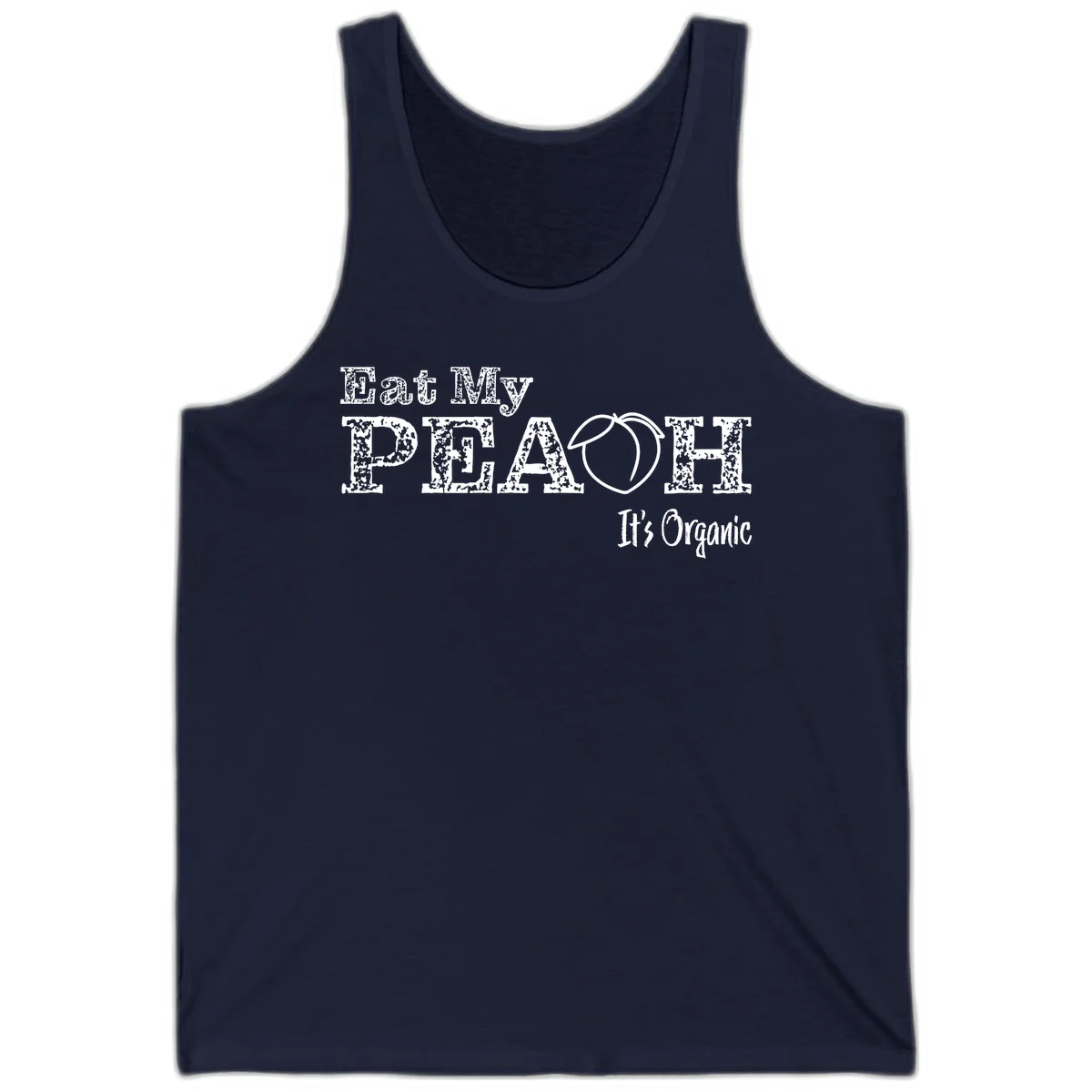 Distressed white text reading 'Eat My Peach It's Organic' with a peach illustration on gray background in Navy
