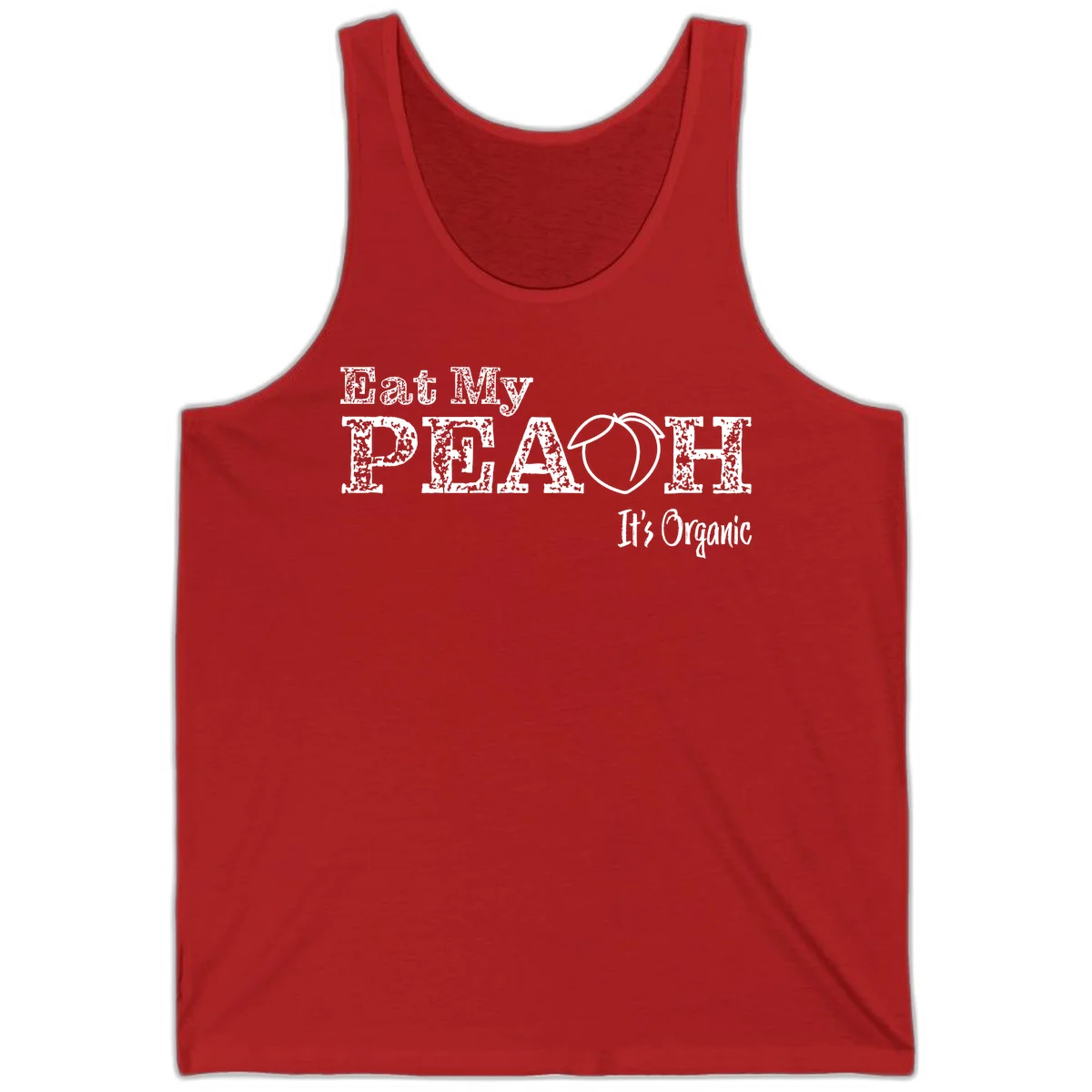 Distressed white text reading 'Eat My Peach It's Organic' with a peach illustration on gray background in Red