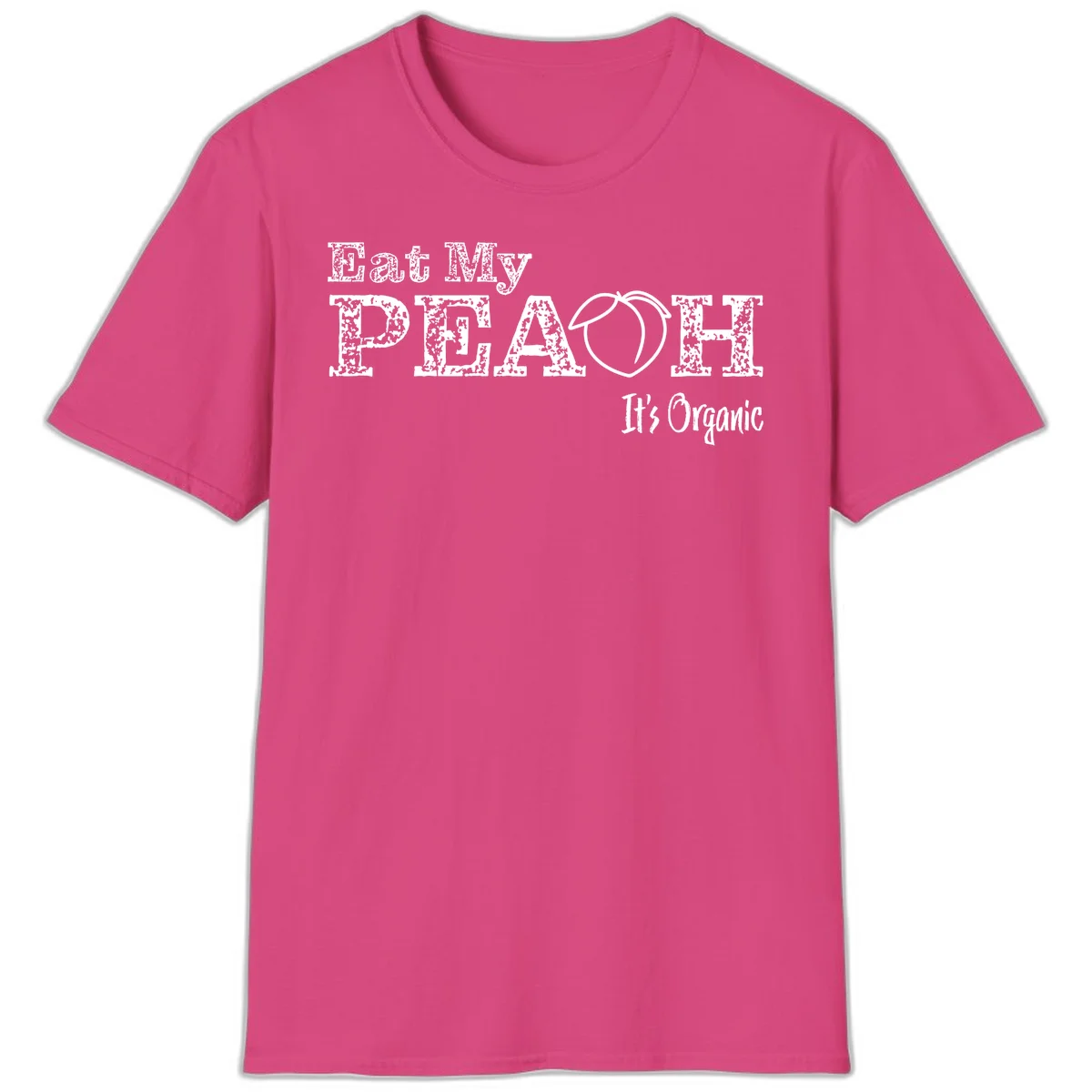 Distressed white text reading 'Eat My Peach It's Organic' with a peach illustration on gray background in Heliconia
