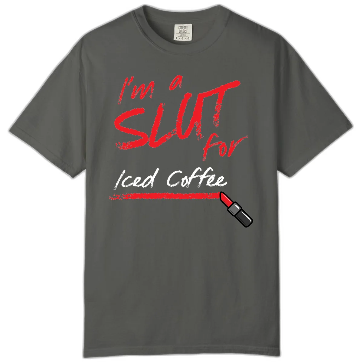Red handwritten text reading 'I'm a slut for iced coffee' with red lipstick illustration on gray background in Pepper