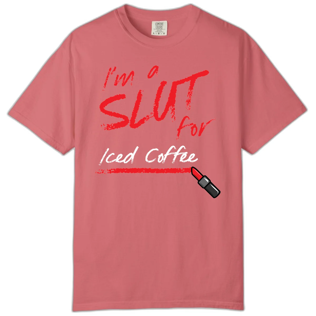 Red handwritten text reading 'I'm a slut for iced coffee' with red lipstick illustration on gray background in Watermelon