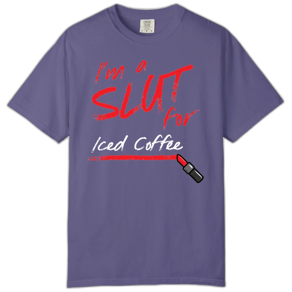 Red handwritten text reading 'I'm a slut for iced coffee' with red lipstick illustration on gray background in Grape