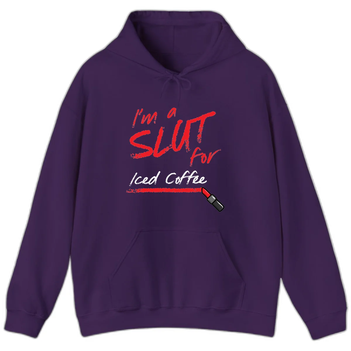 Red handwritten text reading 'I'm a slut for iced coffee' with red lipstick illustration on gray background in Purple