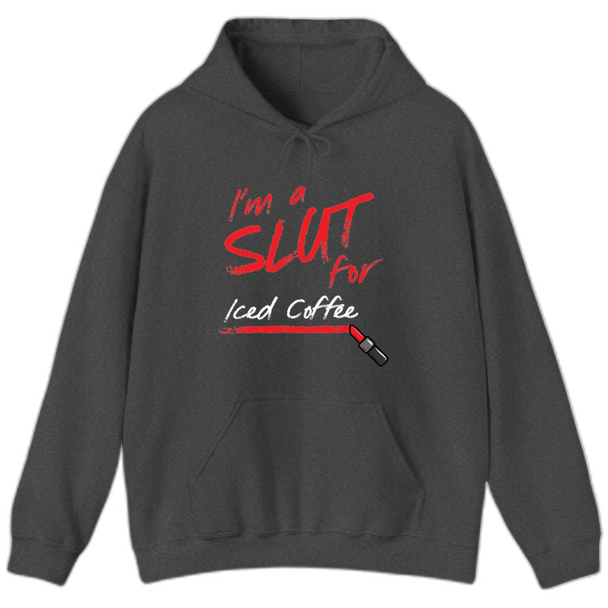 Red handwritten text reading 'I'm a slut for iced coffee' with red lipstick illustration on gray background in Dark Heather