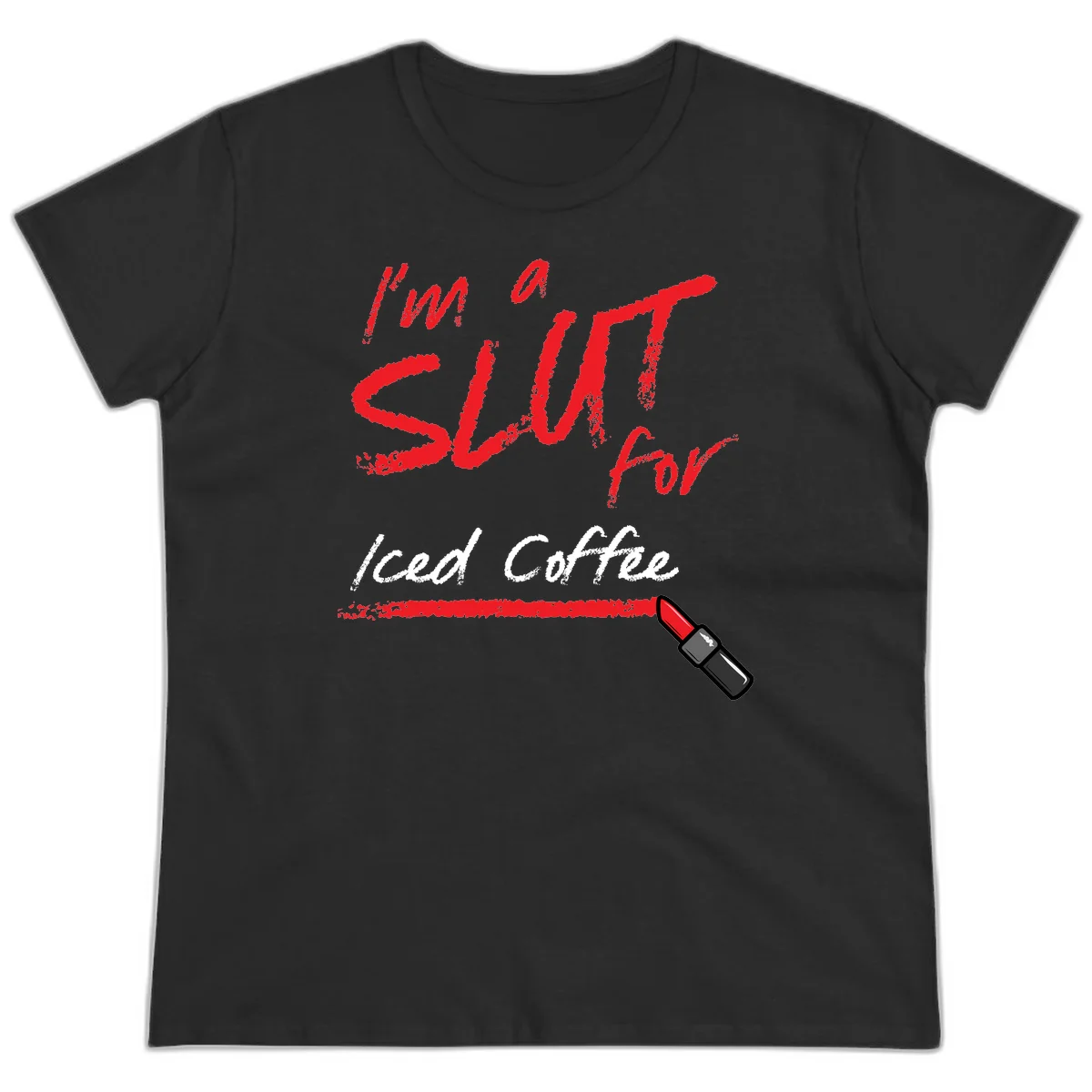 Red handwritten text reading 'I'm a slut for iced coffee' with red lipstick illustration on gray background in Black