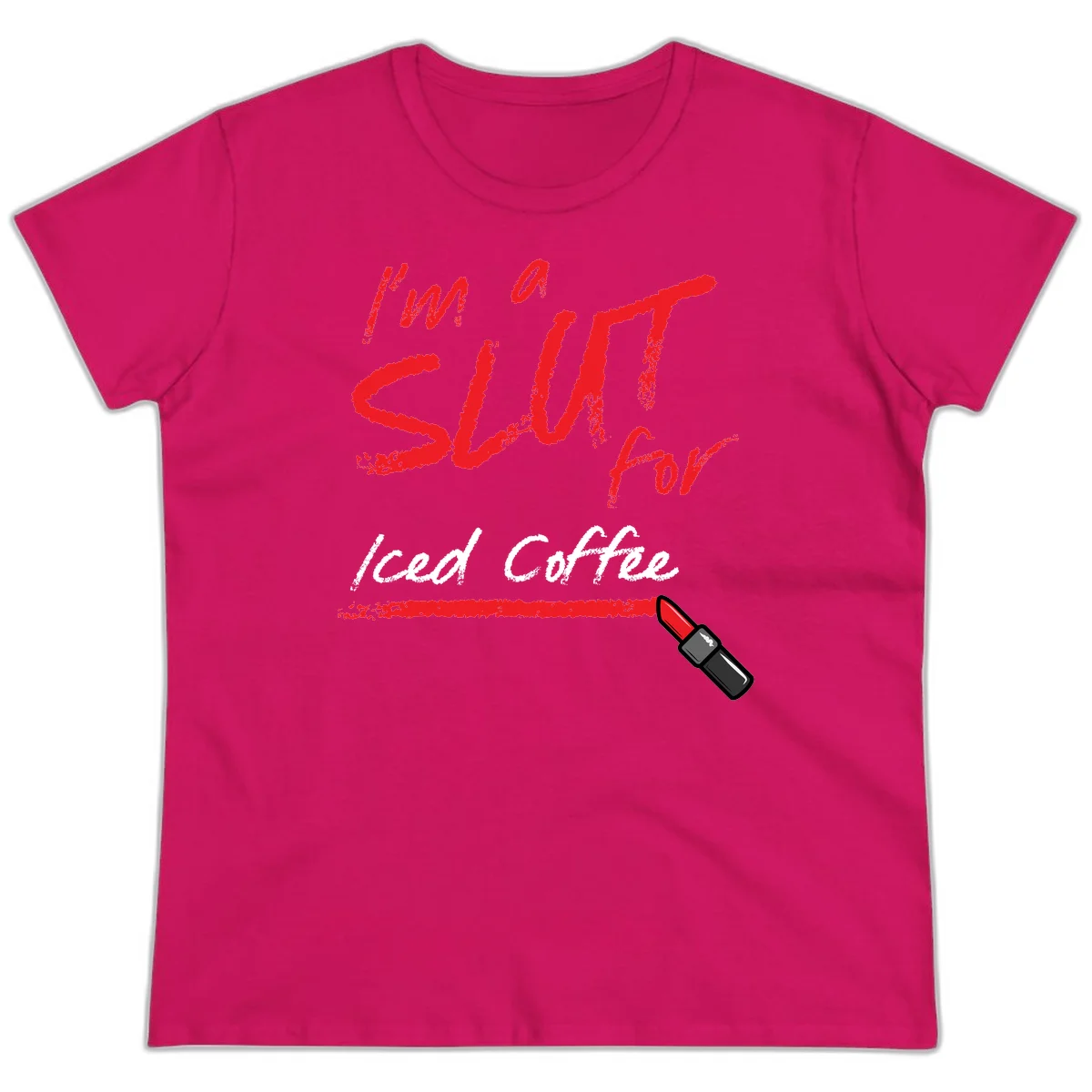 Red handwritten text reading 'I'm a slut for iced coffee' with red lipstick illustration on gray background in Heliconia