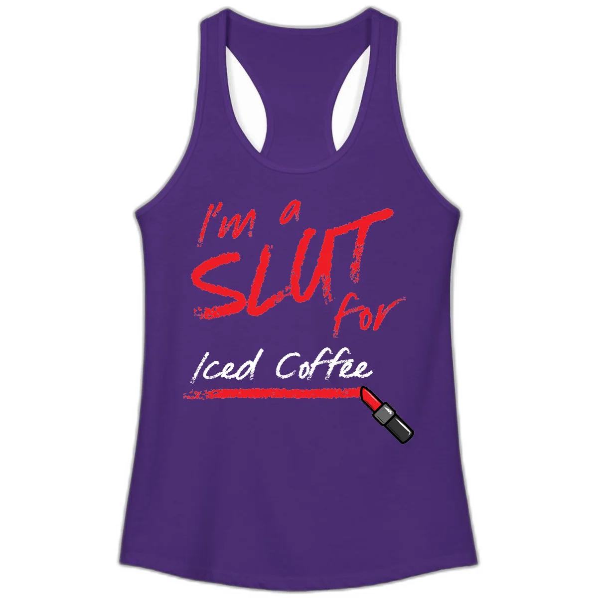 Red handwritten text reading 'I'm a slut for iced coffee' with red lipstick illustration on gray background in Solid Purple Rush