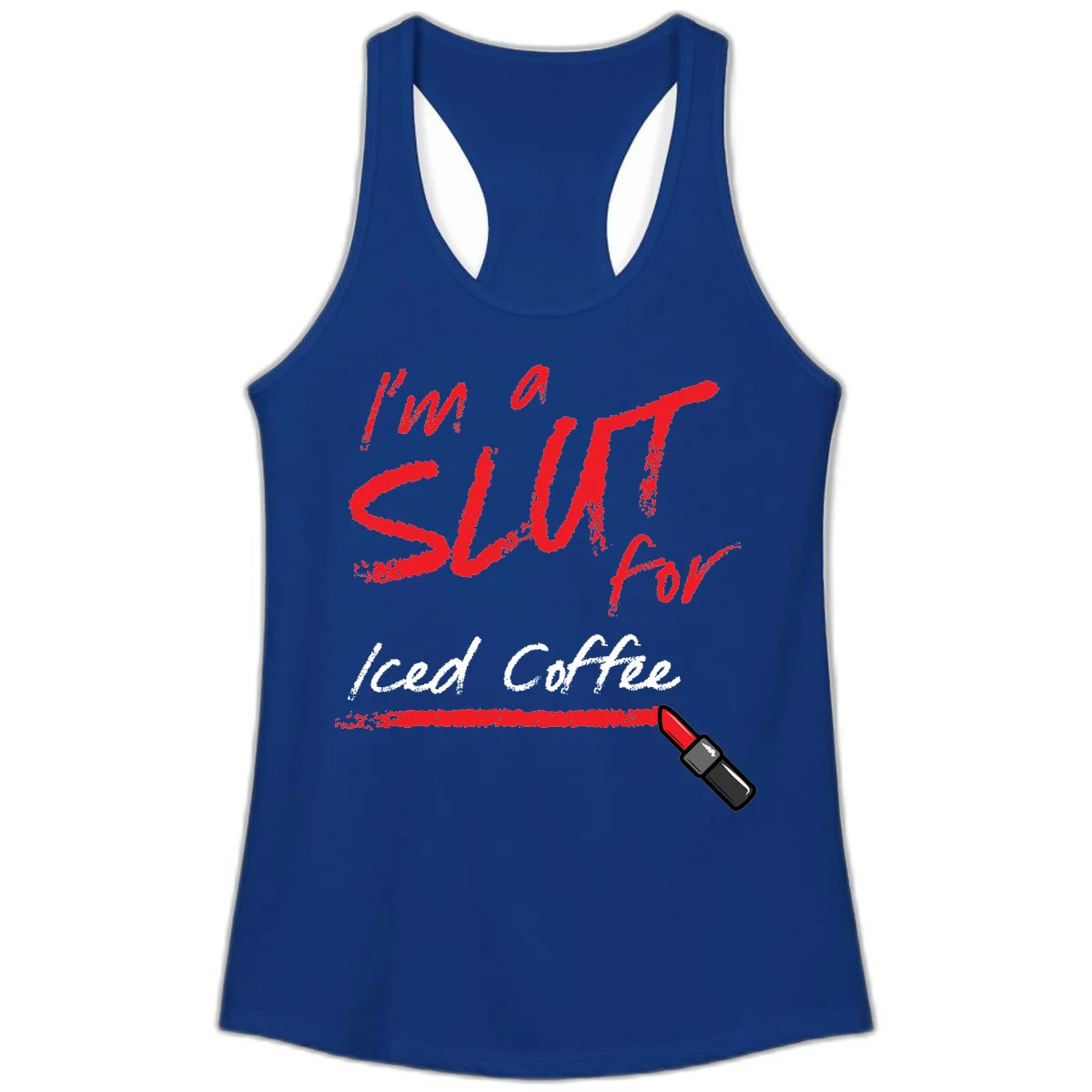 Red handwritten text reading 'I'm a slut for iced coffee' with red lipstick illustration on gray background in Solid Royal