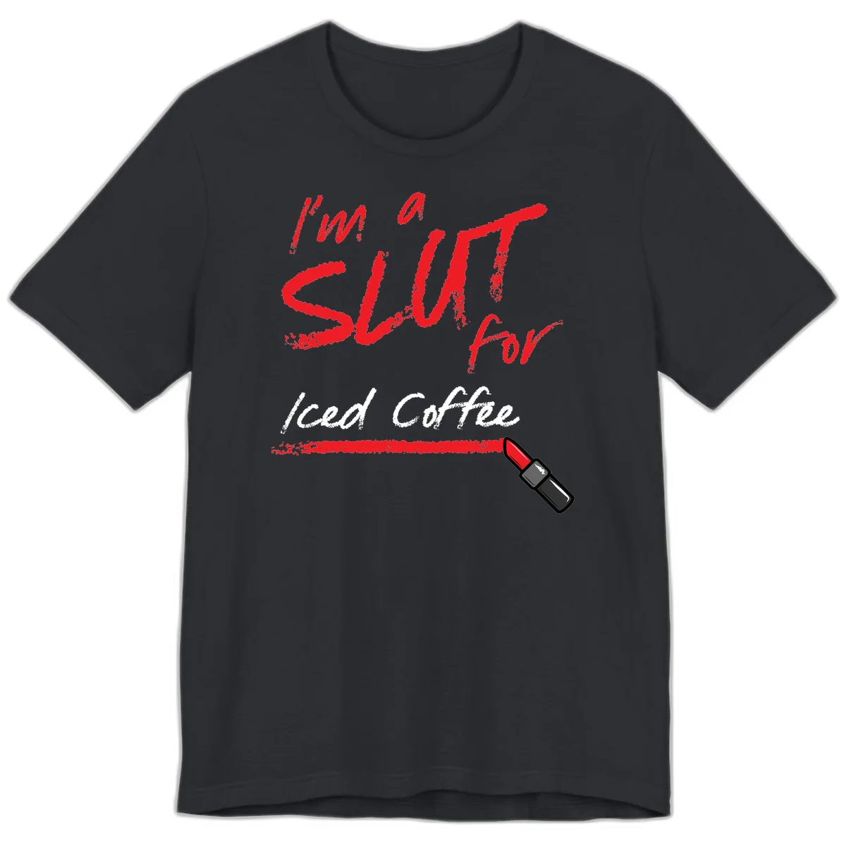Red handwritten text reading 'I'm a slut for iced coffee' with red lipstick illustration on gray background in Vintage Black