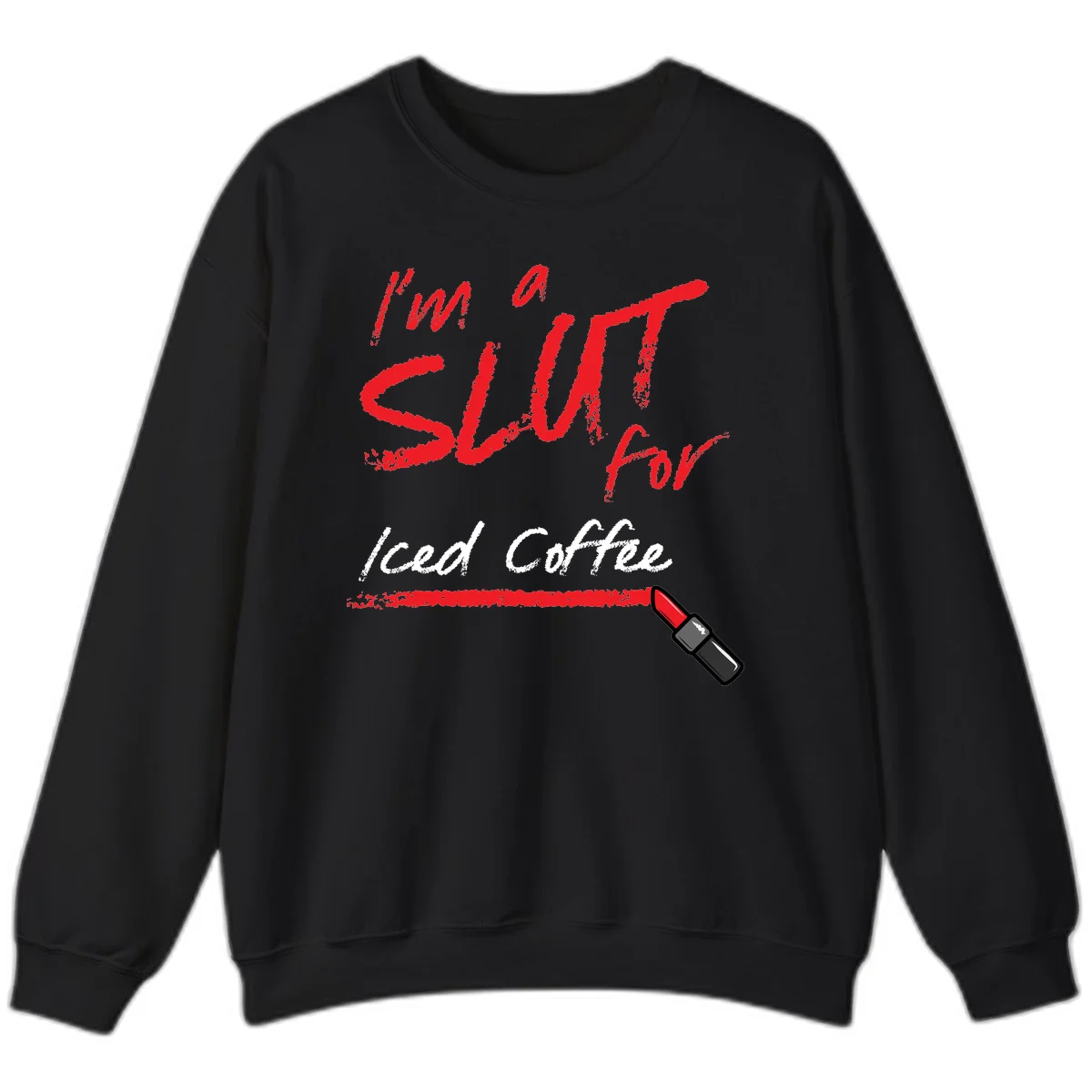 Red handwritten text reading 'I'm a slut for iced coffee' with red lipstick illustration on gray background in Black