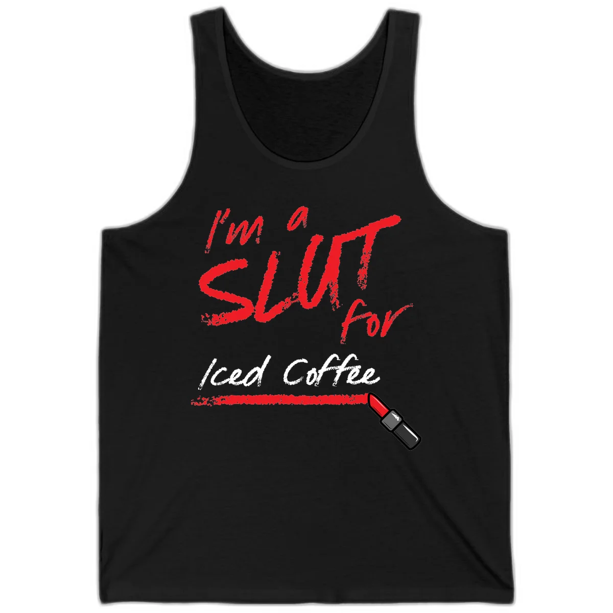 Red handwritten text reading 'I'm a slut for iced coffee' with red lipstick illustration on gray background in Black