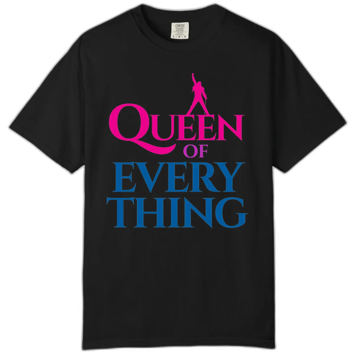 Magenta silhouette of confident figure with raised fist above bold 'Queen Of Every Thing' text in blue and pink in Black