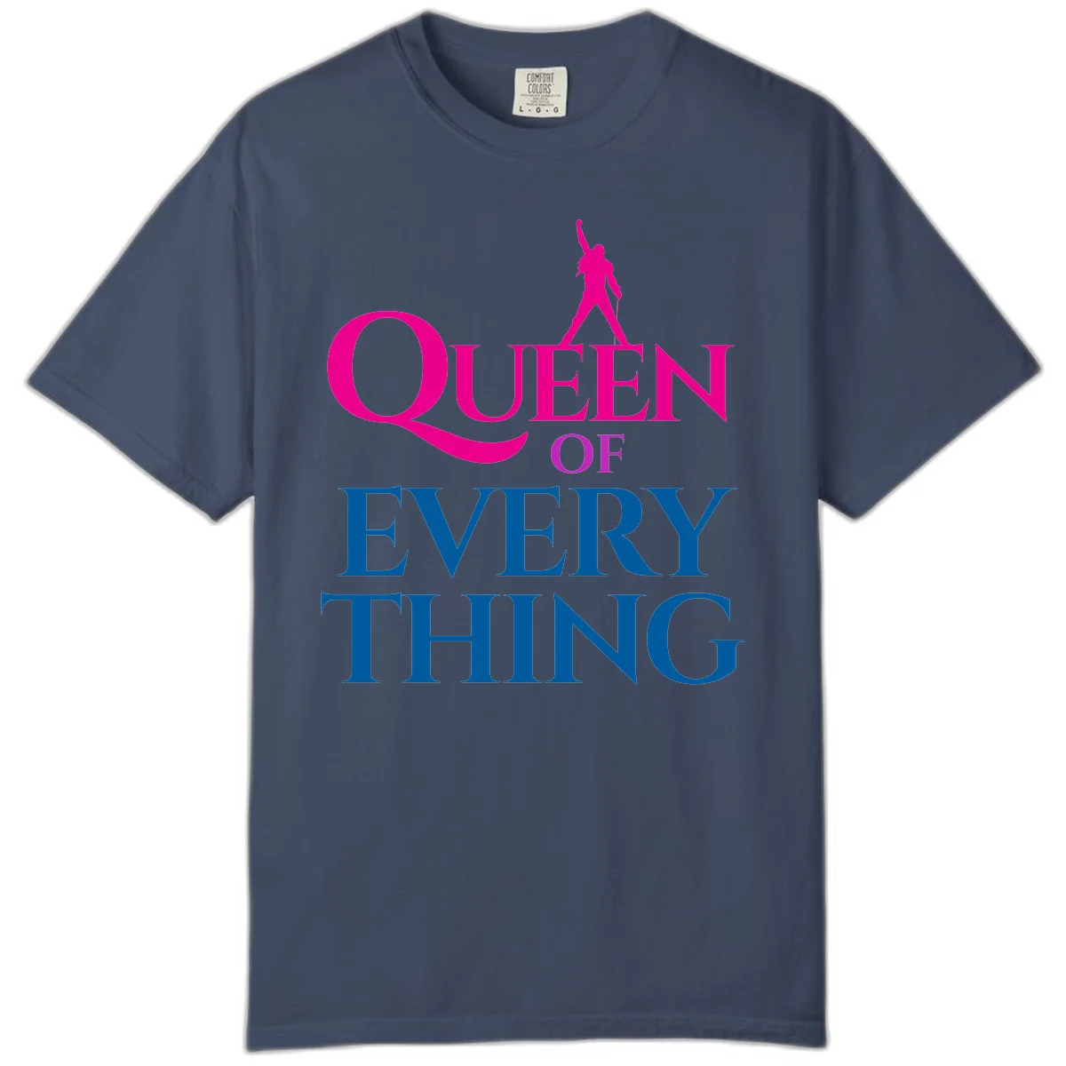 Magenta silhouette of confident figure with raised fist above bold 'Queen Of Every Thing' text in blue and pink in Midnight