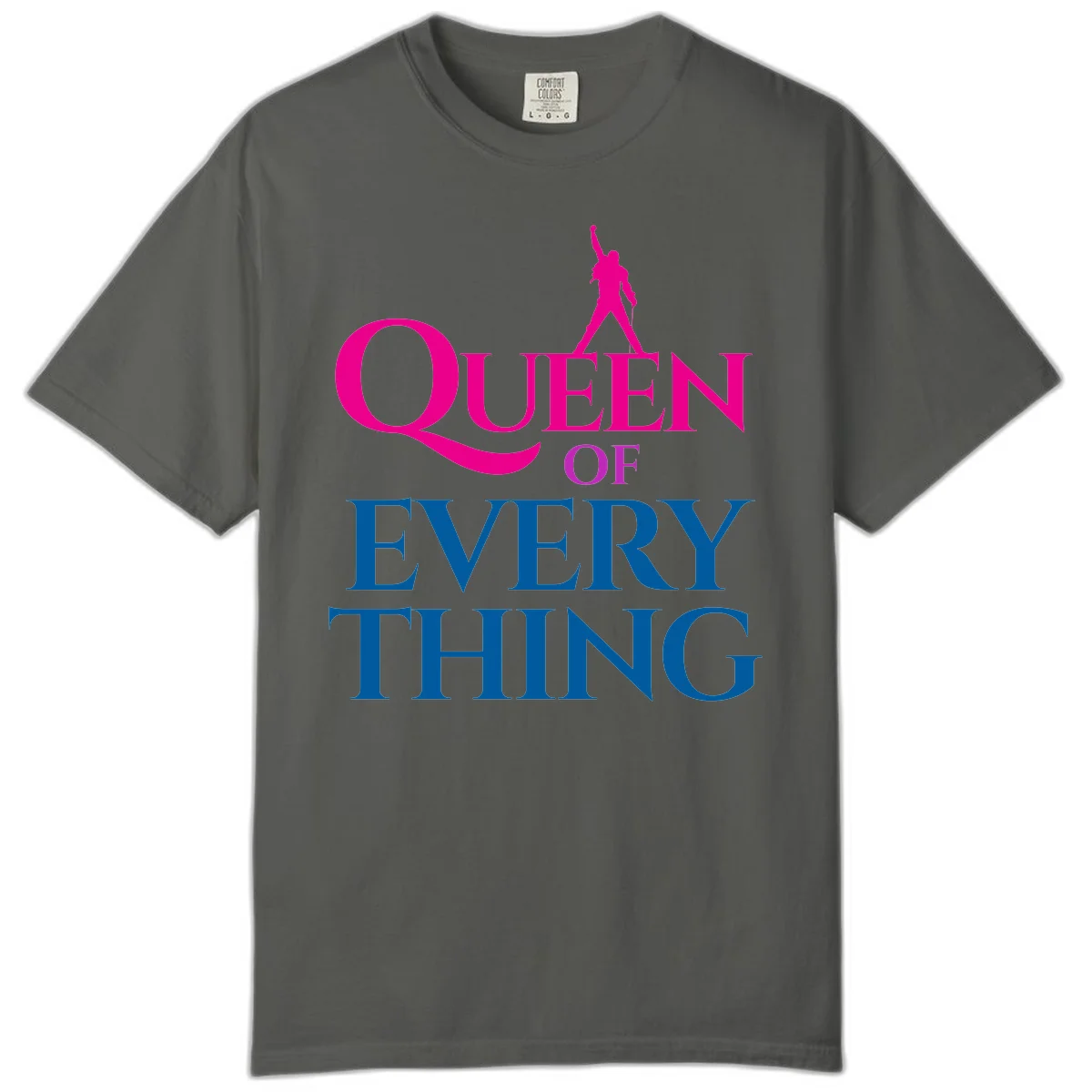 Magenta silhouette of confident figure with raised fist above bold 'Queen Of Every Thing' text in blue and pink in Pepper