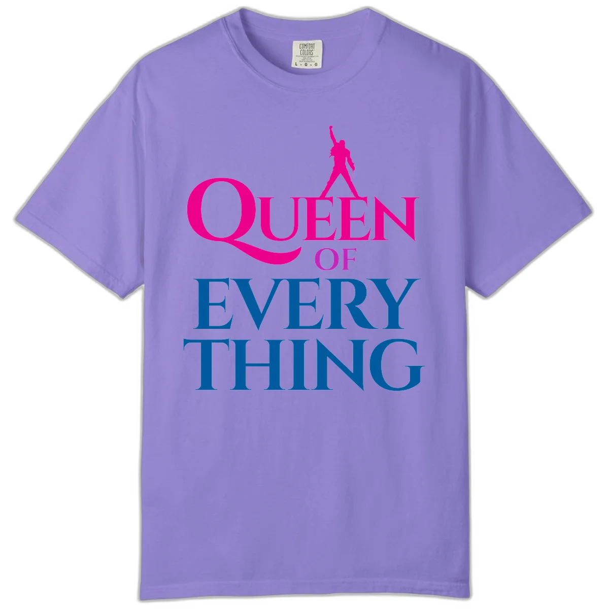 Magenta silhouette of confident figure with raised fist above bold 'Queen Of Every Thing' text in blue and pink in Violet