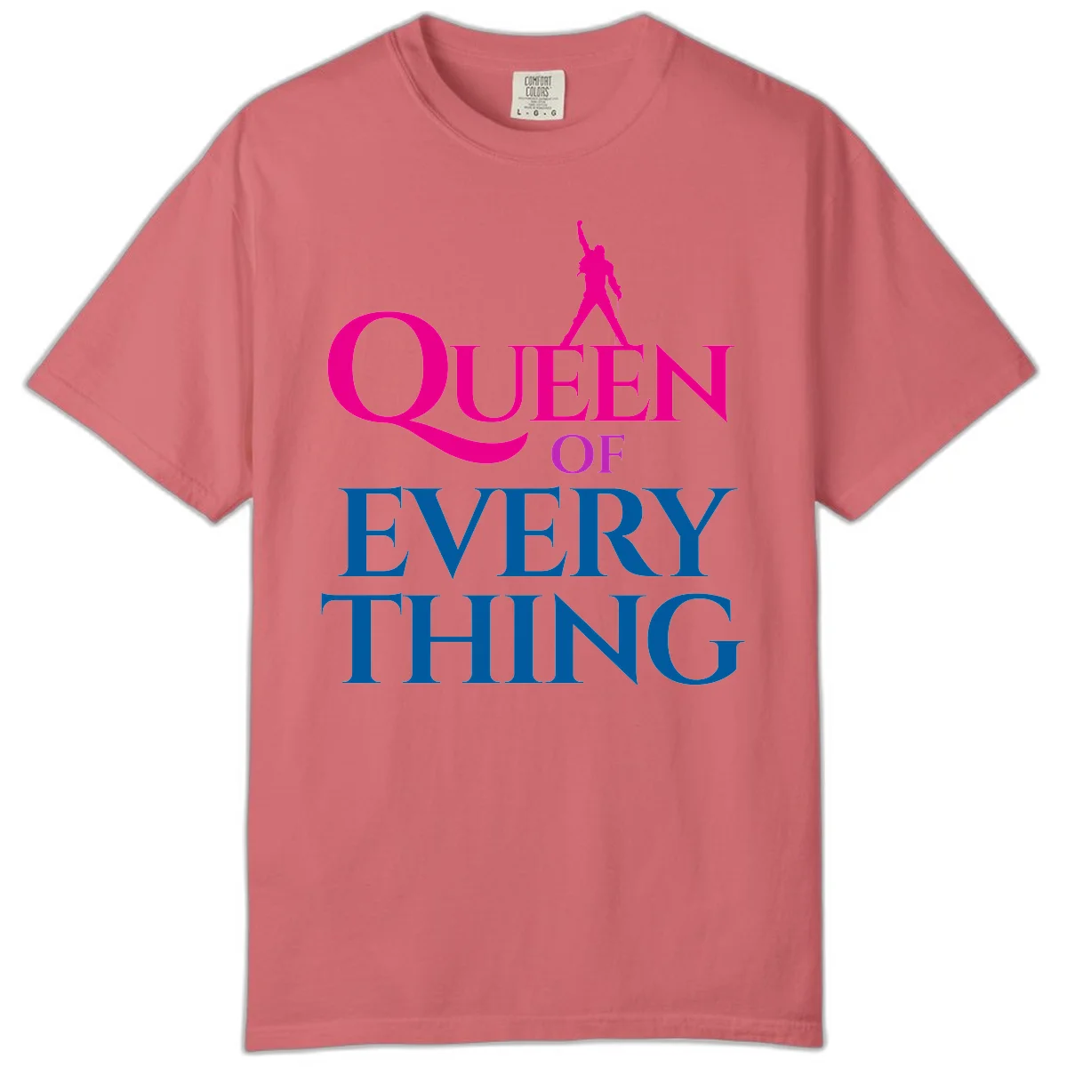 Magenta silhouette of confident figure with raised fist above bold 'Queen Of Every Thing' text in blue and pink in Watermelon