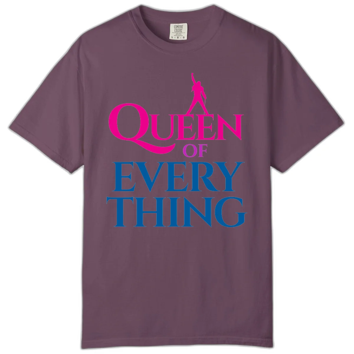 Magenta silhouette of confident figure with raised fist above bold 'Queen Of Every Thing' text in blue and pink in Berry