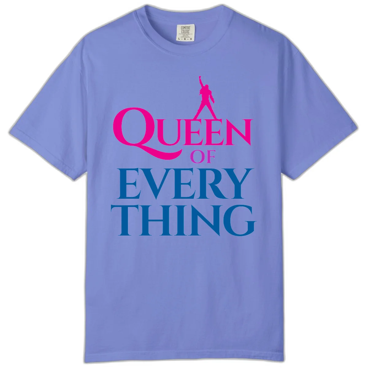 Magenta silhouette of confident figure with raised fist above bold 'Queen Of Every Thing' text in blue and pink in Flo Blue