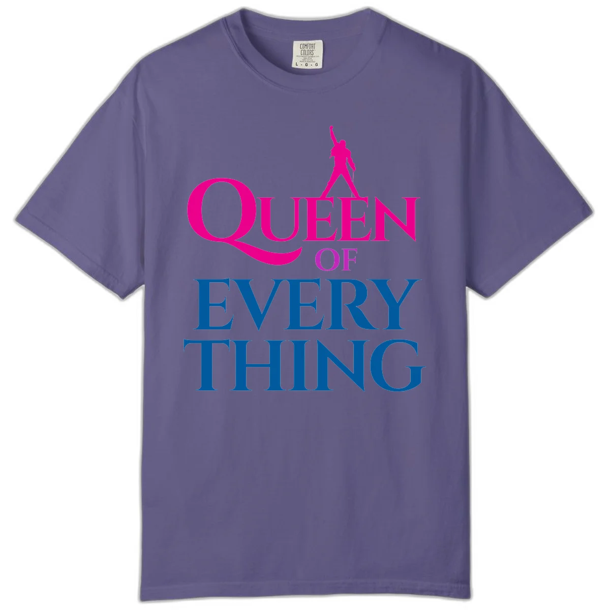 Magenta silhouette of confident figure with raised fist above bold 'Queen Of Every Thing' text in blue and pink in Grape