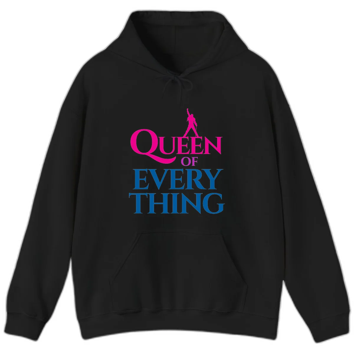 Magenta silhouette of confident figure with raised fist above bold 'Queen Of Every Thing' text in blue and pink in Black