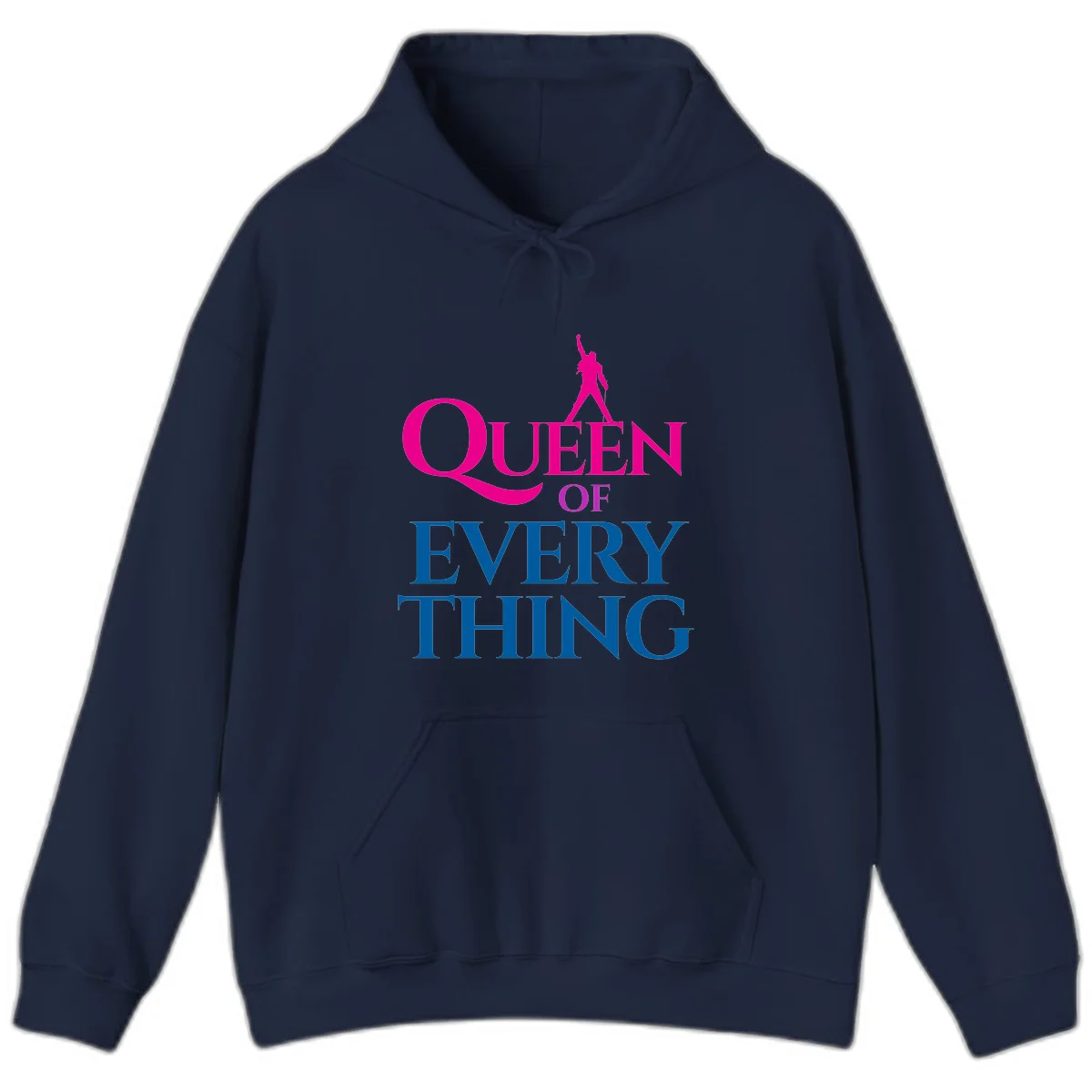 Magenta silhouette of confident figure with raised fist above bold 'Queen Of Every Thing' text in blue and pink in Navy