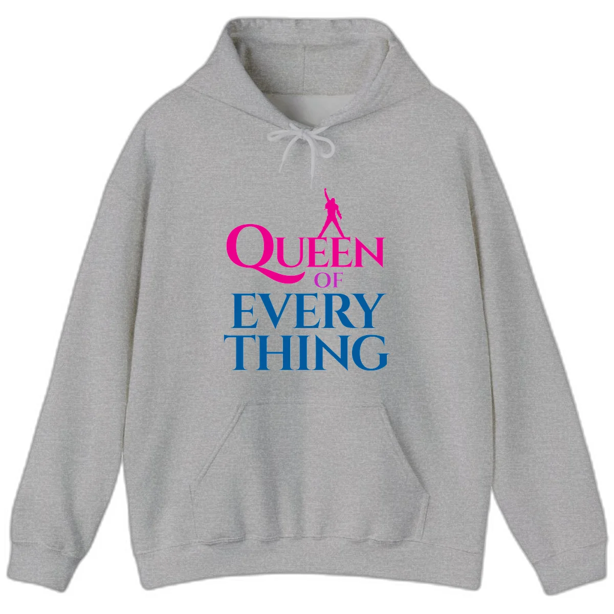 Magenta silhouette of confident figure with raised fist above bold 'Queen Of Every Thing' text in blue and pink in Sport Grey