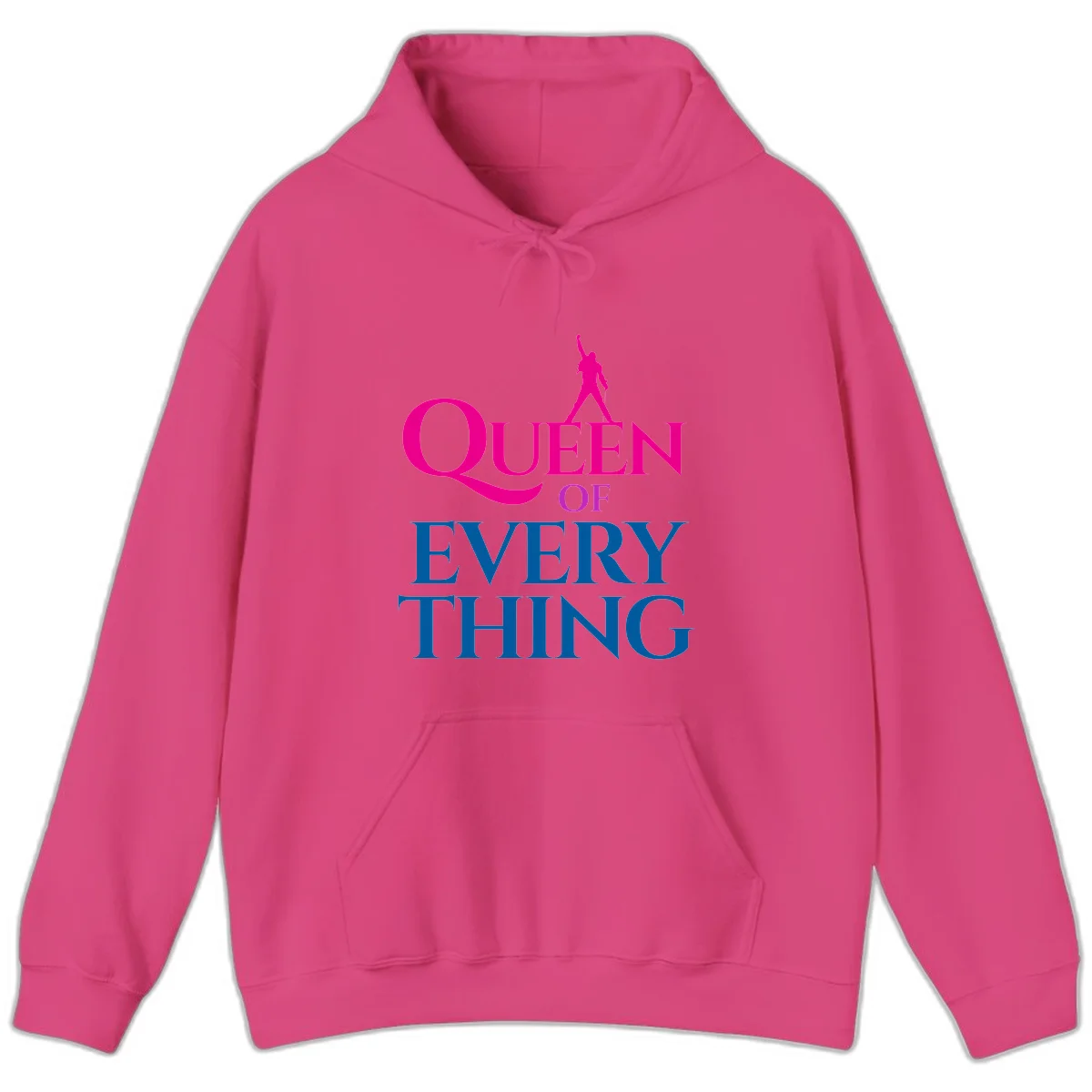 Magenta silhouette of confident figure with raised fist above bold 'Queen Of Every Thing' text in blue and pink in Heliconia