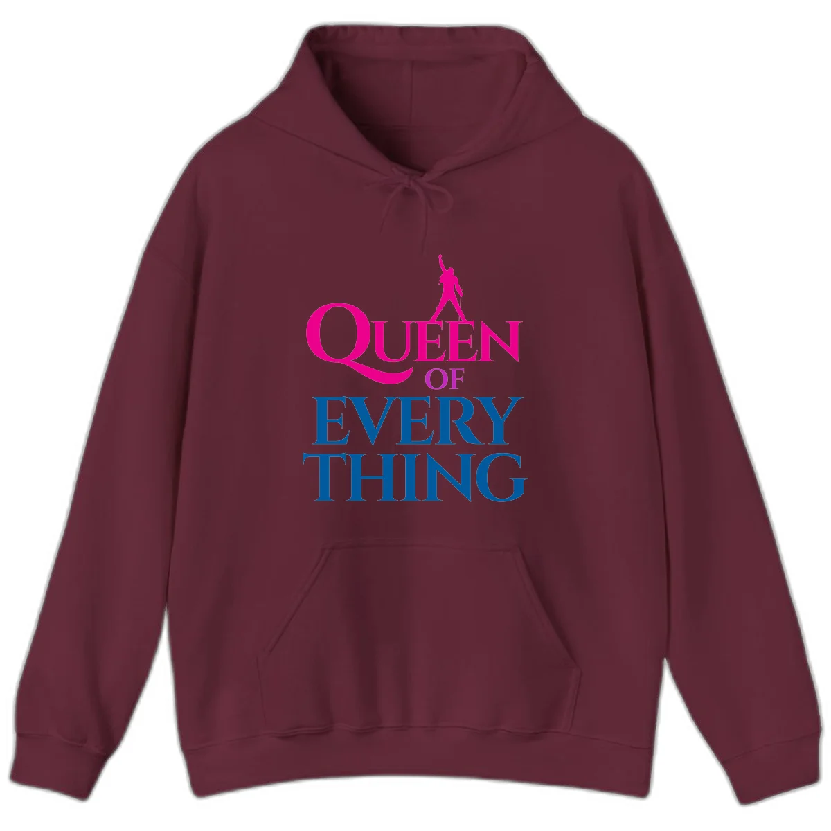 Magenta silhouette of confident figure with raised fist above bold 'Queen Of Every Thing' text in blue and pink in Maroon
