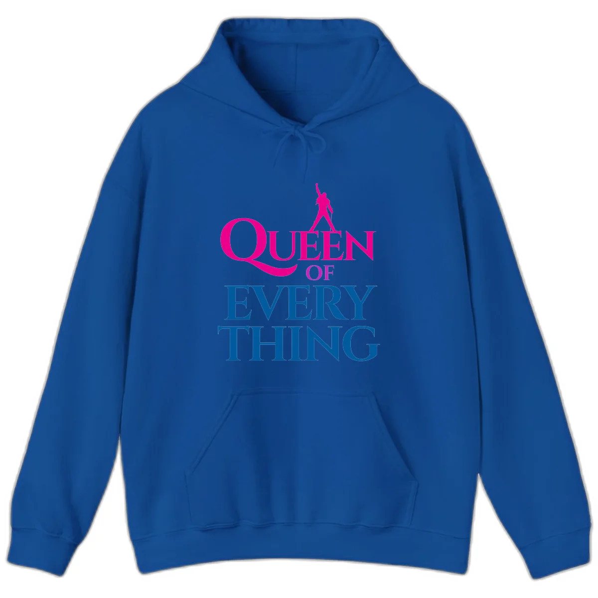 Magenta silhouette of confident figure with raised fist above bold 'Queen Of Every Thing' text in blue and pink in Royal