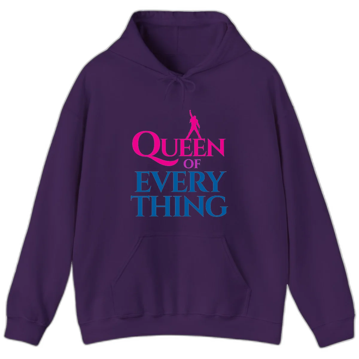 Magenta silhouette of confident figure with raised fist above bold 'Queen Of Every Thing' text in blue and pink in Purple