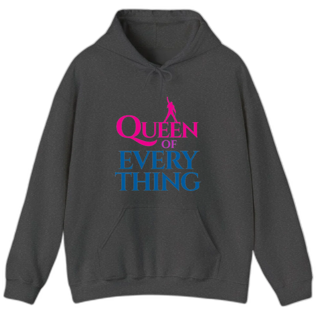 Magenta silhouette of confident figure with raised fist above bold 'Queen Of Every Thing' text in blue and pink in Dark Heather