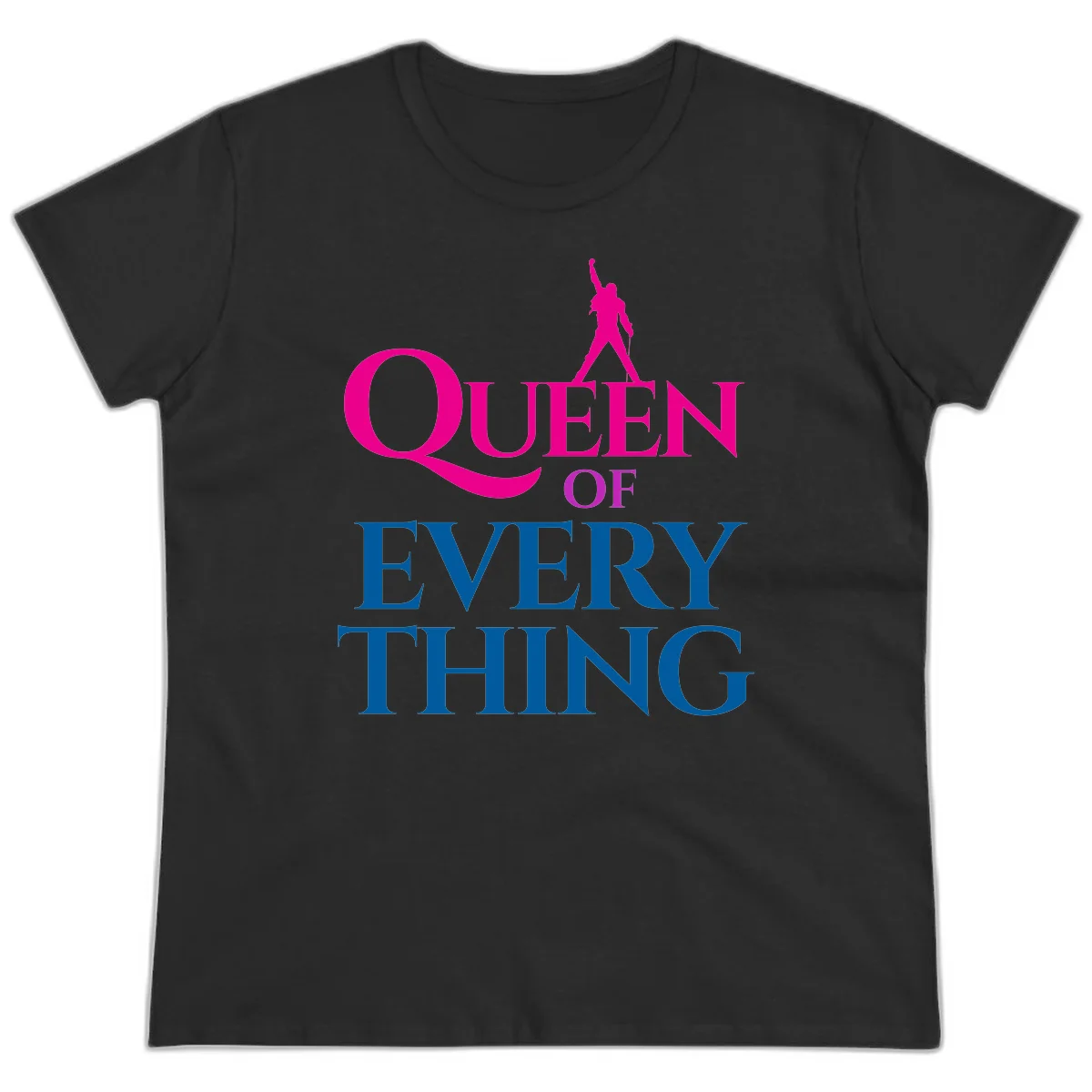 Magenta silhouette of confident figure with raised fist above bold 'Queen Of Every Thing' text in blue and pink in Black