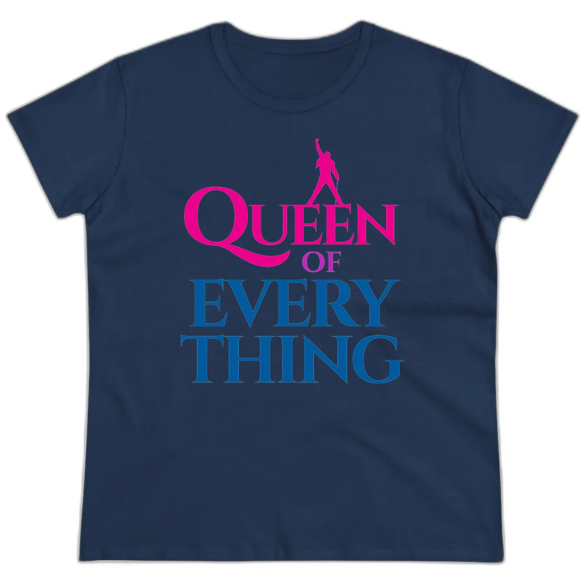 Magenta silhouette of confident figure with raised fist above bold 'Queen Of Every Thing' text in blue and pink in Navy
