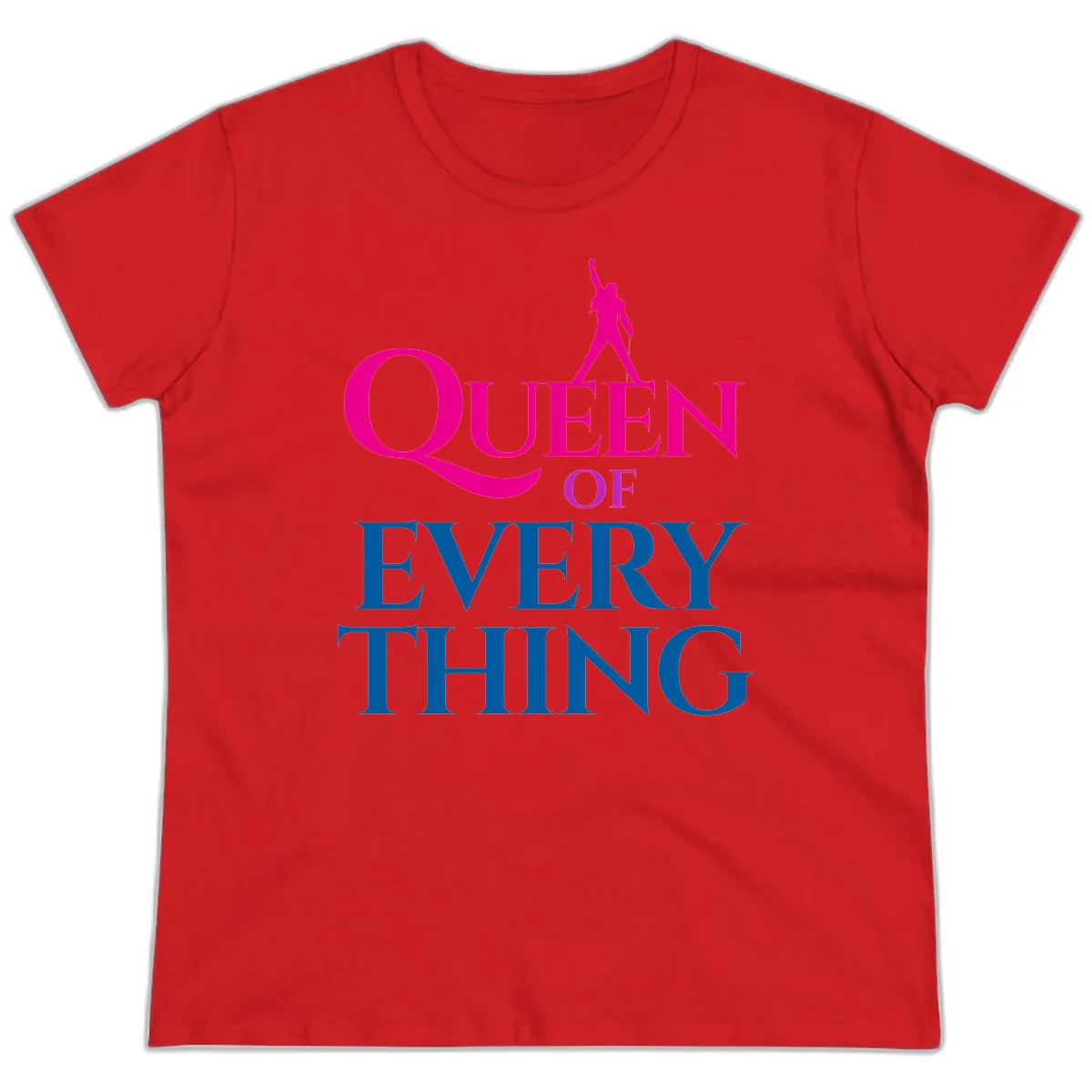 Magenta silhouette of confident figure with raised fist above bold 'Queen Of Every Thing' text in blue and pink in Red