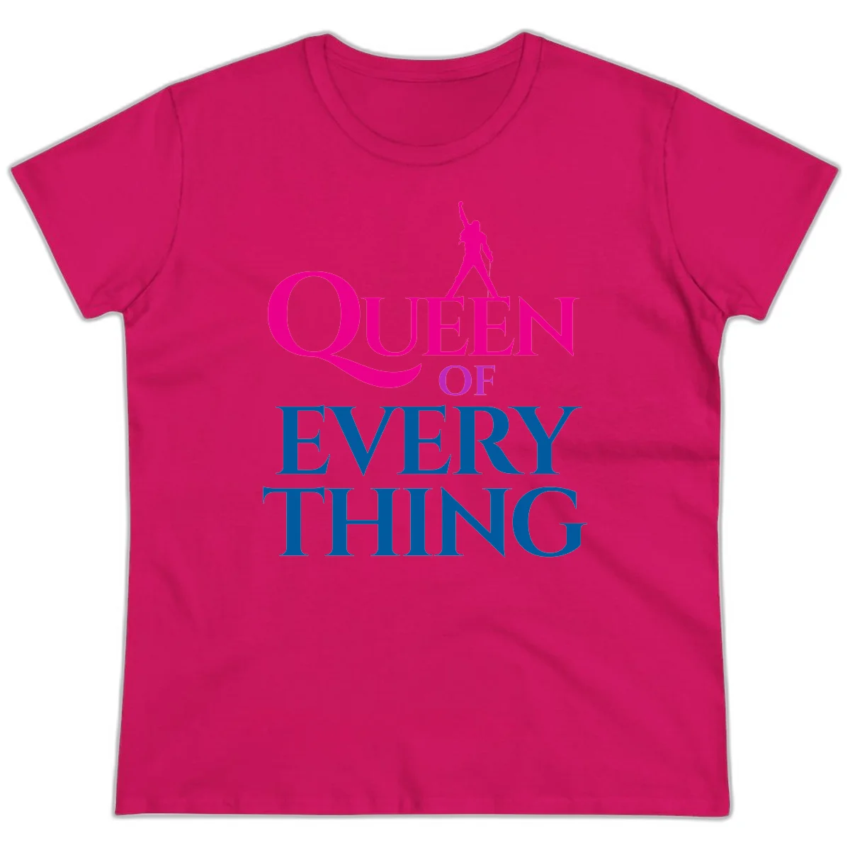 Magenta silhouette of confident figure with raised fist above bold 'Queen Of Every Thing' text in blue and pink in Heliconia
